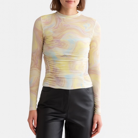 Revolve Anthropologie LONG SLEEVE RUCHED MESH TOP IN SKY MARBLE - Picture 1 of 5